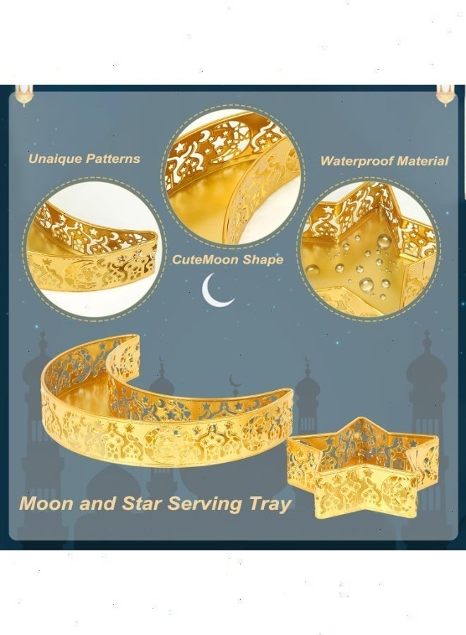 2Pcs Gold Ramadan Eid Mubarak Trays - Moon & Star Metal Serving Platters for Dessert Food Display, Muslim Party Table Decor - Image 3